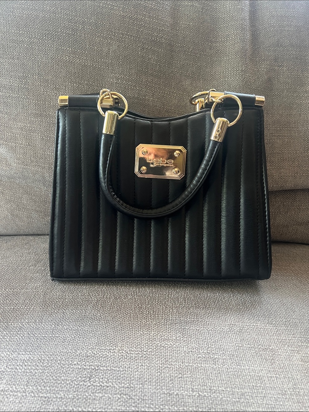 bebe Black Quilted Top-Handle Satchel with Gold Plate
